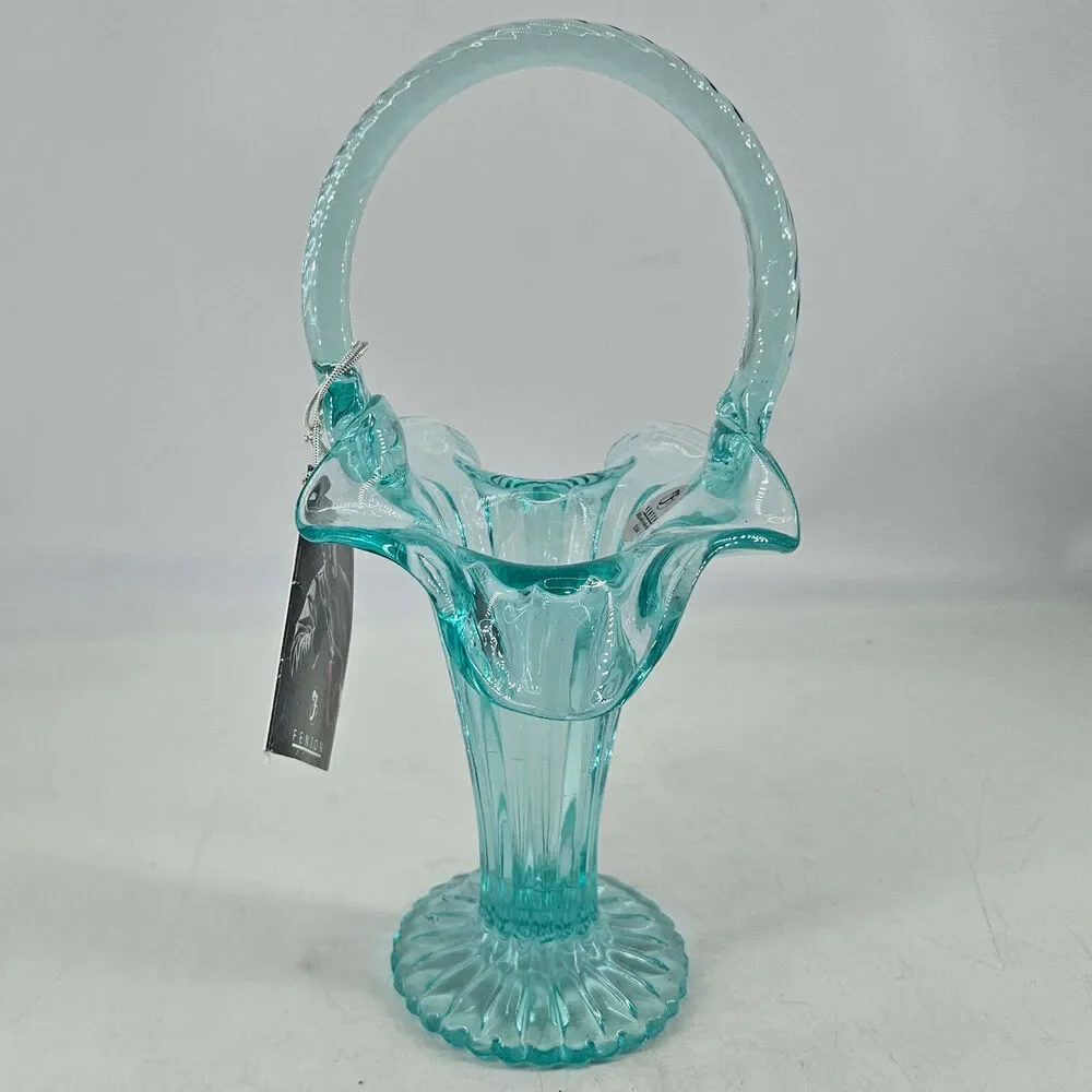 Fenton sea mist Glass Ruffled edge Handled Basket w original hang tag n sticker - Picture 3 of 4